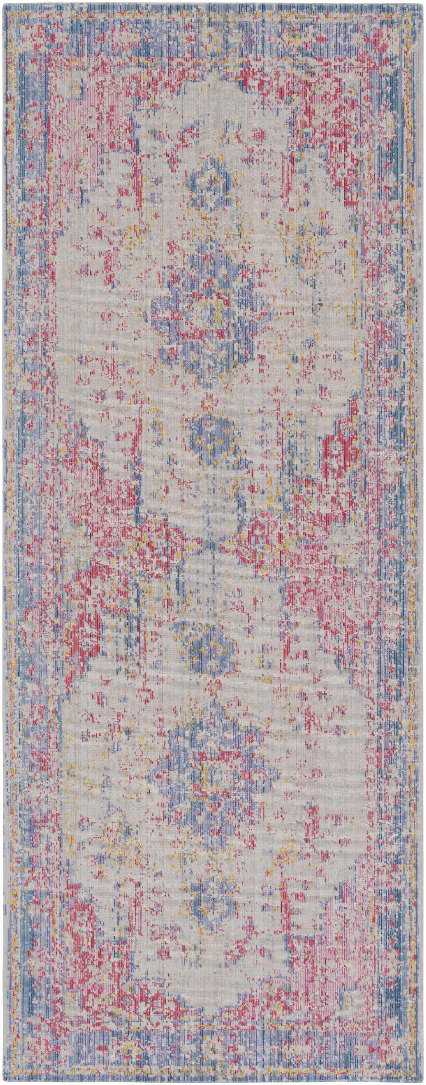 Close-up of the Eufaula Area Rug, a machine-woven rug with a traditional pattern in burgundy, gray, lavender, and yellow. Design-Runner-338