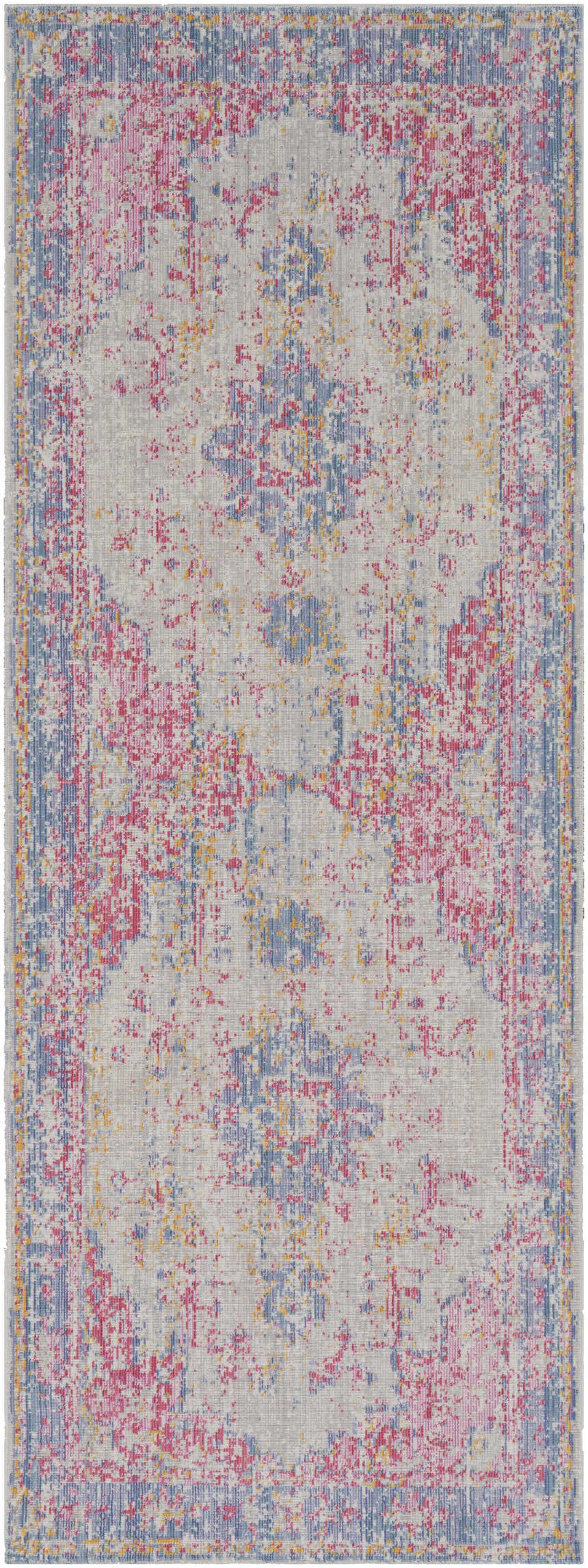 Close-up of the Eufaula Area Rug, a machine-woven rug with burgundy, gray, and yellow distressed traditional patterns. Design-Runner-3710
