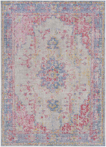 Eufaula Area Rug, a vintage-style rug with a traditional pattern in burgundy, gray, lavender, and yellow. Design-Rectangle-5373