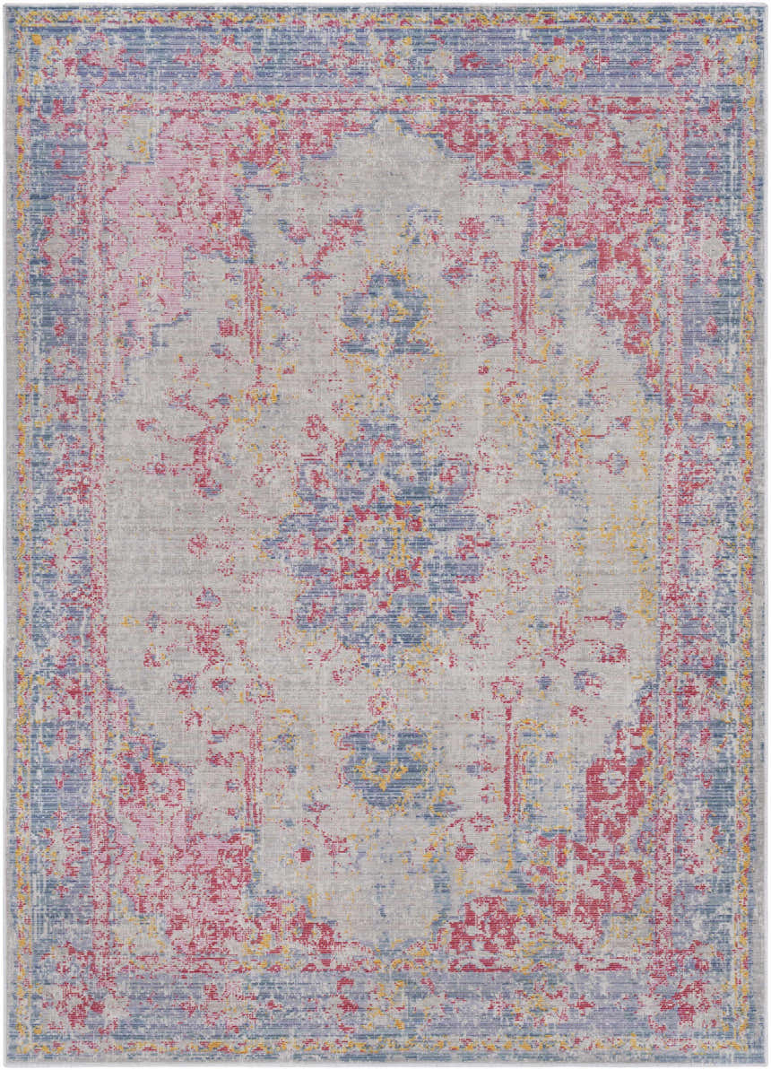 Eufaula Area Rug, a vintage-style rug with a traditional pattern in burgundy, gray, lavender, and yellow. Design-Rectangle-5373