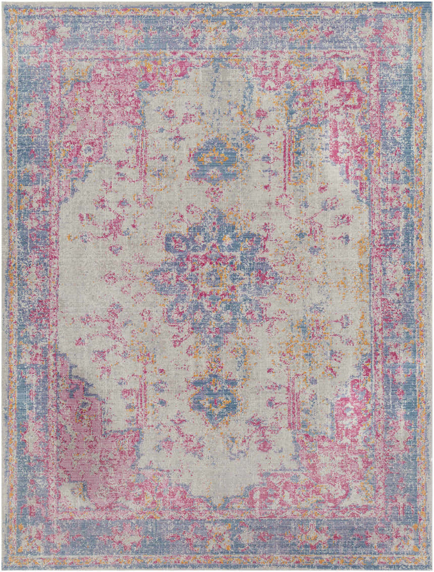 Distressed Eufaula Area Rug with a vintage, oriental design in burgundy, gray, and yellow hues. Design-Rectangle-710106