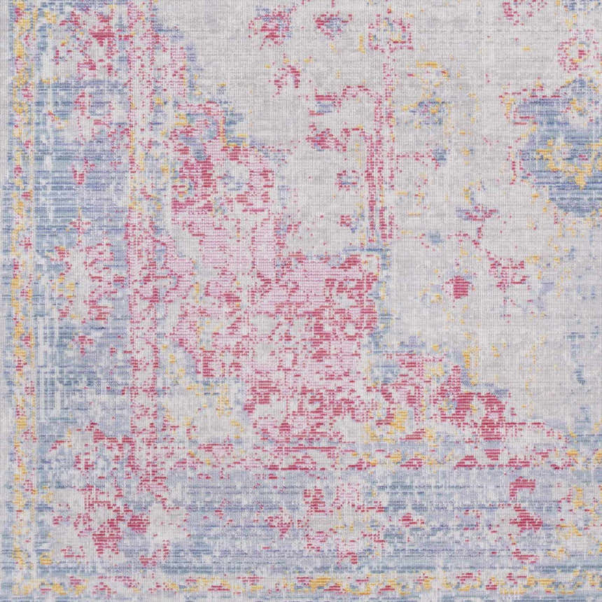 Close-up of the Eufaula Area Rug with a vintage, distressed design in burgundy, gray, lavender, and yellow. Swatch