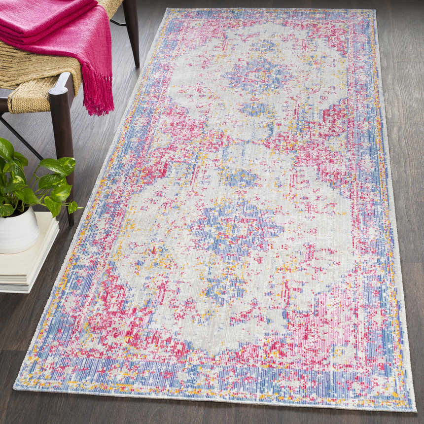 Hallway scene with Eufaula Area Rug. Bohemian style runner rug in burgundy, gray, lavender, purple, red, seafoam, and yellow. Roomscene-Runner