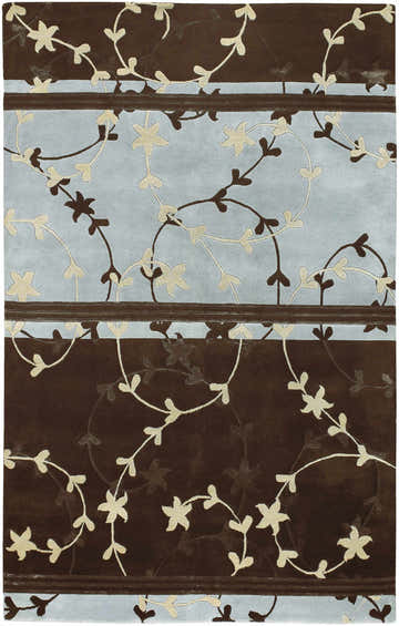 Close-up of the Everly Area Rug. Hand-knotted NZ wool rug with a contemporary floral vine pattern in brown, beige, and light blue. Design-Rectangle-58