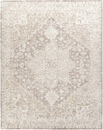 Close-up of the Evercreech Area Rug. Cream, light beige, and brown traditional floral pattern. Hand-loomed wool and viscose rug. Design-Rectangle-810