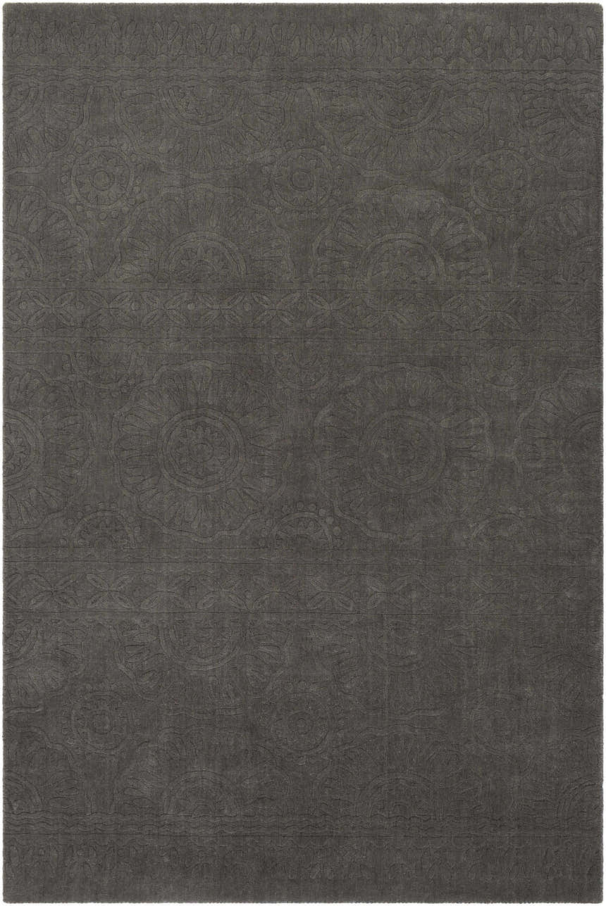 Close-up of the charcoal Eversholt Clearance Rug. Hand-loomed wool rug with subtle, contemporary floral pattern. Design-Rectangle-576