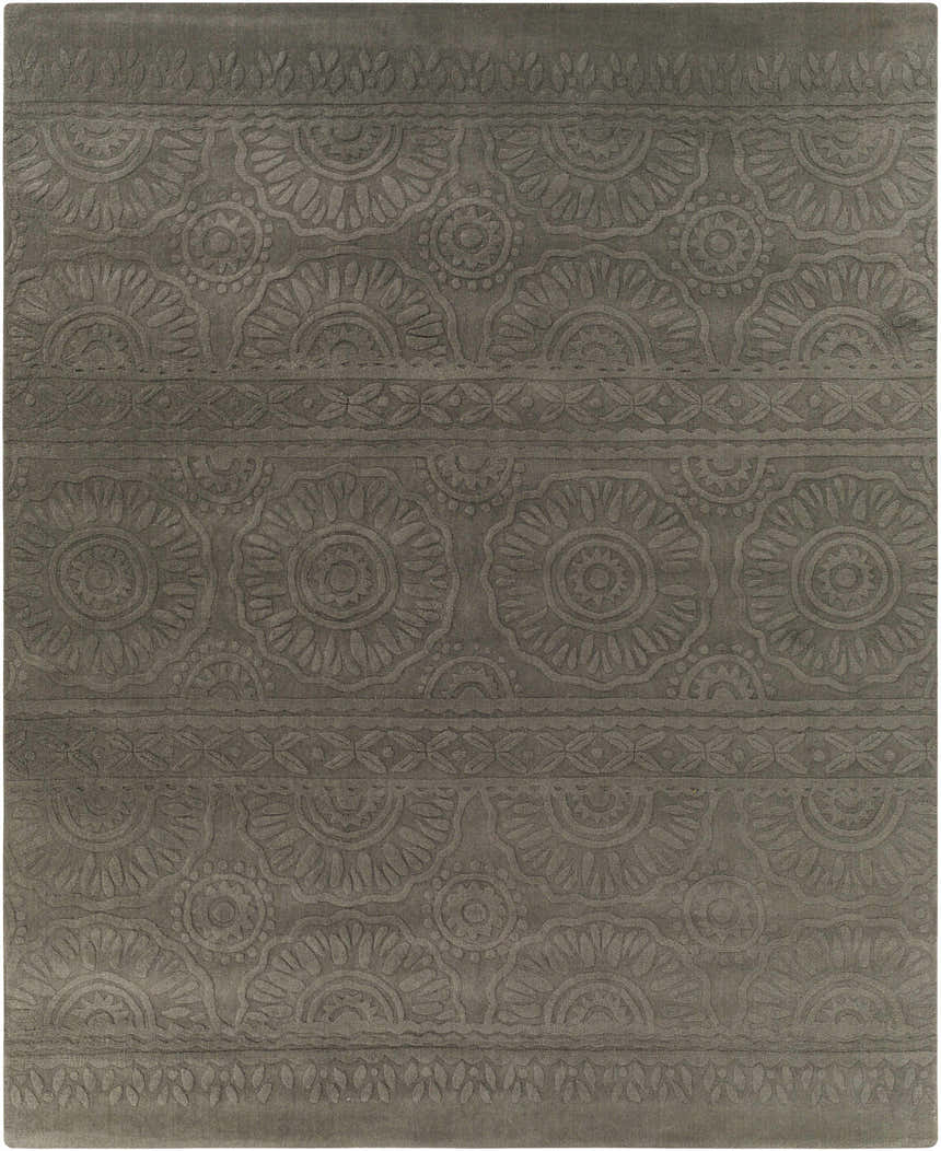 Charcoal Eversholt Clearance Rug, a hand-loomed wool rug with a contemporary floral and geometric pattern. Design-Rectangle-810