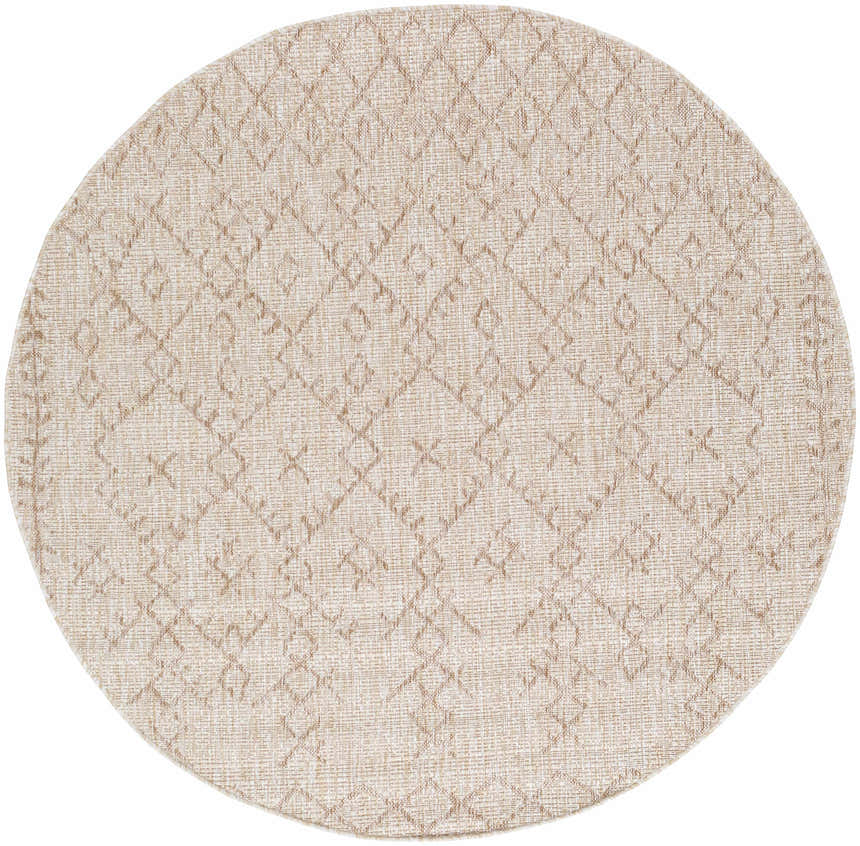 Close-up of round Maunawili Cream Nordic Rug. Beige and cream tones with a subtle diamond pattern and woven texture. Design-Round-53