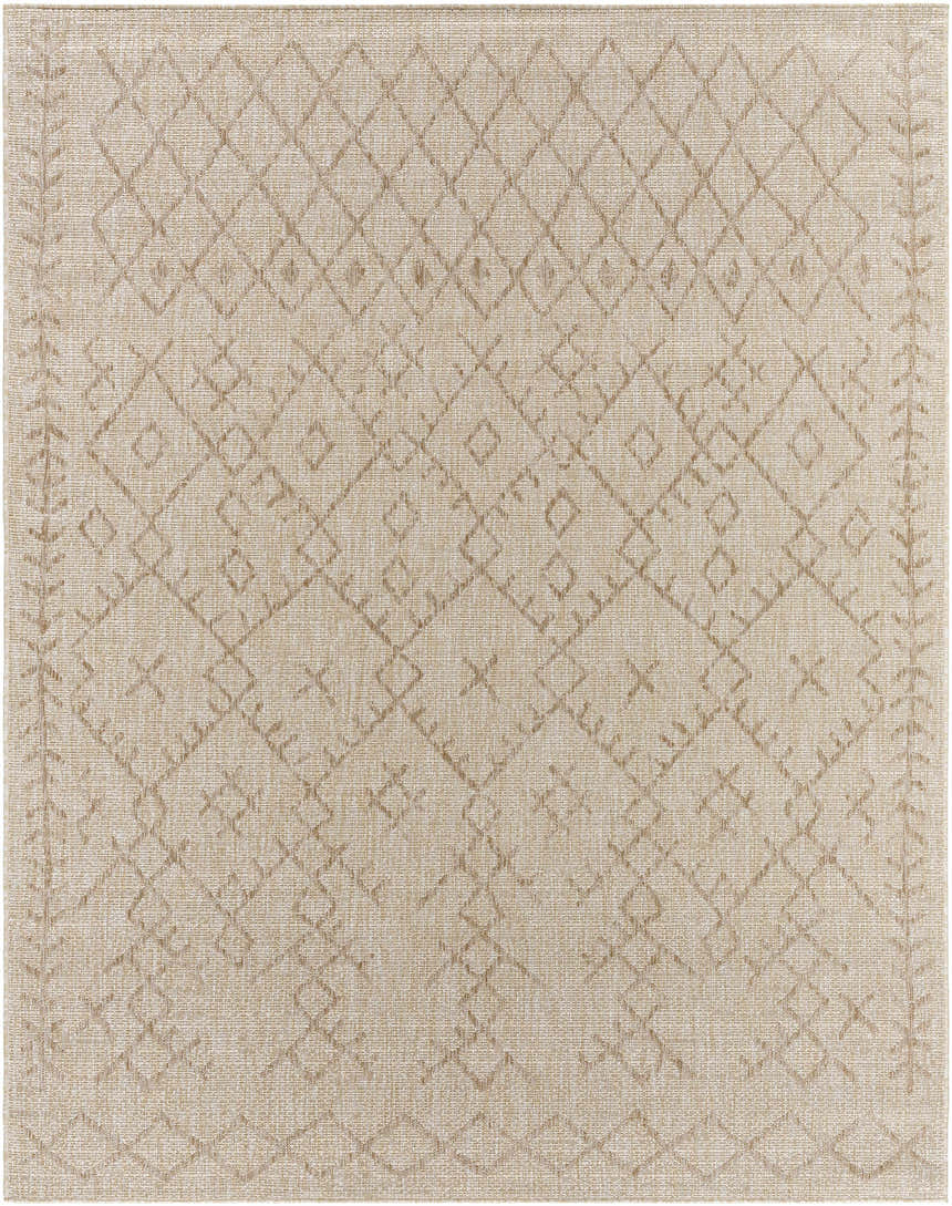 Close-up of Maunawili Cream Nordic Rug, featuring a geometric diamond pattern in beige and light brown on a textured cream background. Design-Rectangle-710102