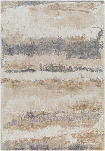 Close-up of the Ezell Abstract Thick Rug. Beige, gray, and brown horizontal stripes create a contemporary pattern. Design-Rectangle-5373