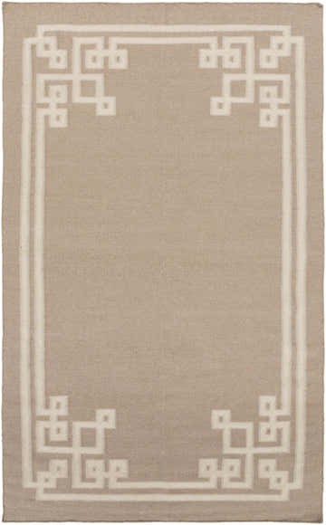 Close-up of the Fagus Area Rug. Hand-woven 100% wool rug in gray and light beige with a geometric light gray border. Design-Rectangle-58