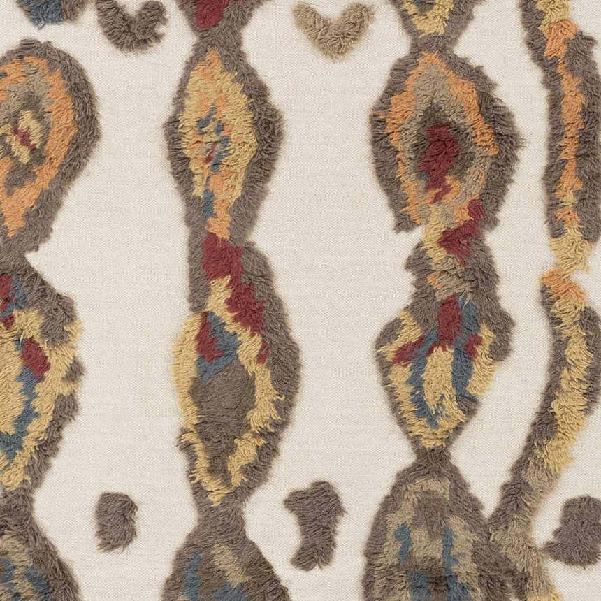 Close-up of the Brown Mustard Nila Carpet. Hand-woven wool shag rug with beige background and brown, mustard, and burgundy pattern. Swatch
