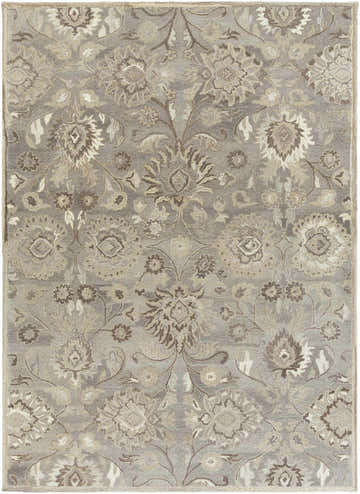 Close-up of the Conesus 1195 rug. Hand-tufted wool rug with a traditional floral pattern in ivory, taupe, and brown tones. Design-Rectangle-811