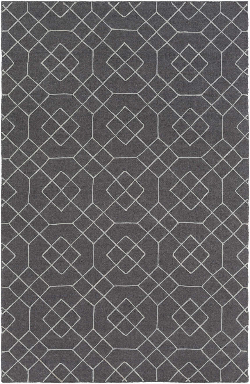 Close-up of the Fareham Area Rug. Hand-woven 100% wool rug in charcoal with an ice blue geometric diamond pattern. Design-Rectangle-576