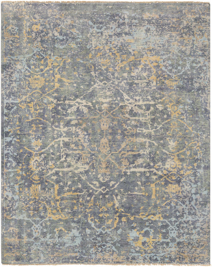 Distressed Farmingville Area Rug with oriental design in blue, sage, beige, tan, and wheat. Hand-knotted wool rug. Design-Rectangle-810