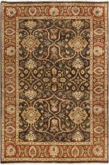 Close-up of the Fate Area Rug. Hand-knotted wool rug in burnt orange, dark brown, and sky blue floral pattern. Design-Rectangle