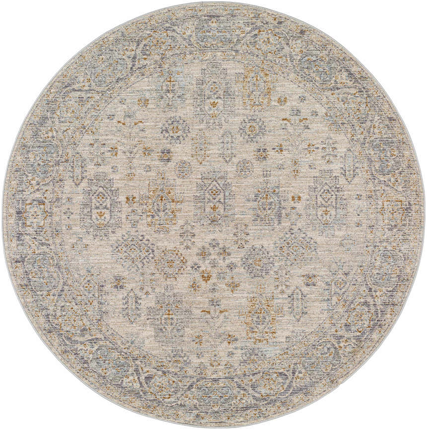 Close-up of round Coby Sage Avant Garde rug. Oriental pattern in brown, charcoal, sage, and teal. Luxe texture. Design-Round-53