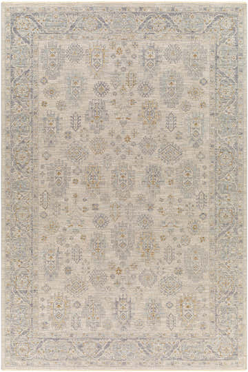 Close-up of the Coby Sage Avant Garde rug. Features traditional patterns in brown, charcoal, sage, and teal on a light background. Design-Rectangle-6796