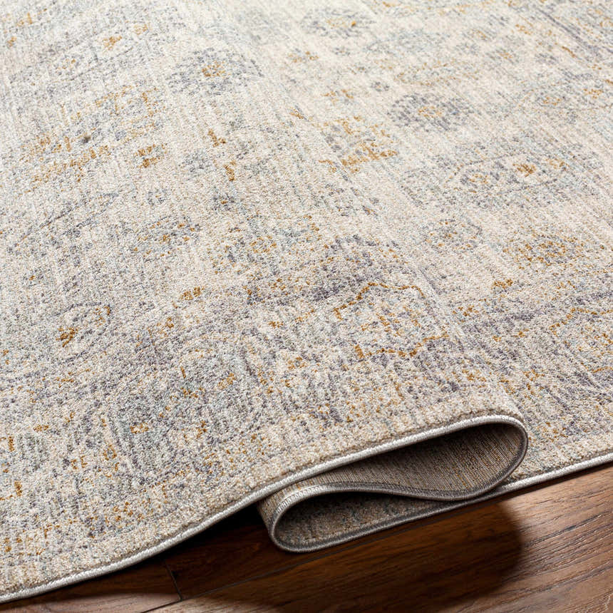 Close-up of the Coby Sage Avant Garde rug showing its traditional pattern, luxe texture, and colors: sage, brown, gray, and teal. Fold