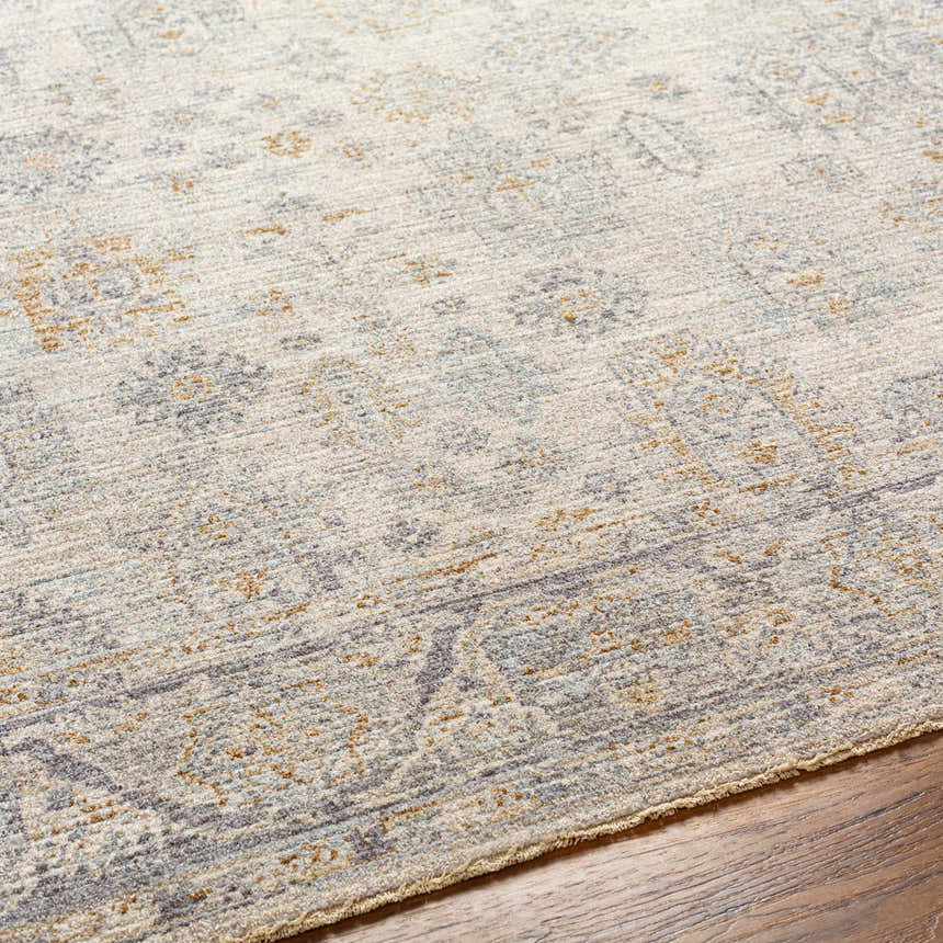 Close-up of the Coby Sage Avant Garde rug. Luxe texture with brown, charcoal, and sage traditional pattern. Texture