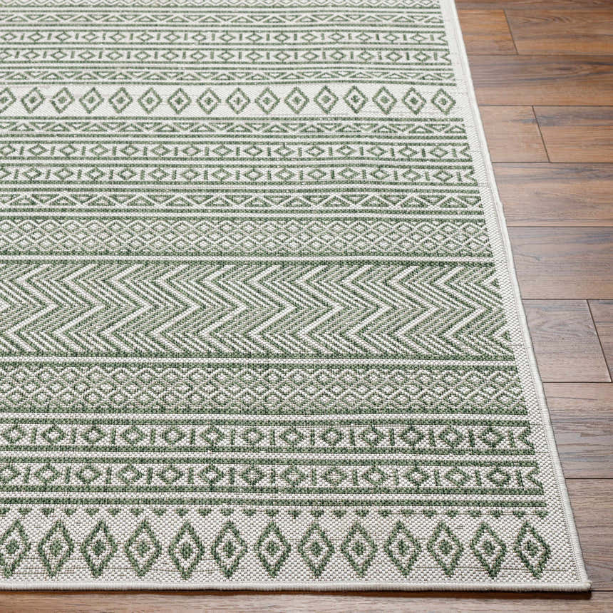 Close-up of Madras Natural Gray Green All Over Performance Area Rug with geometric patterns and a textured weave. Front