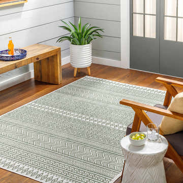 Living room scene with Madras Natural Gray Green All Over Performance Area Rug, wood bench, chair, and potted plant. Roomscene-Rectangle