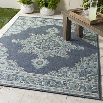 Outdoor patio scene with the navy Ferron Area Rug, a wood table, and potted plants. Roomscene-Rectangle