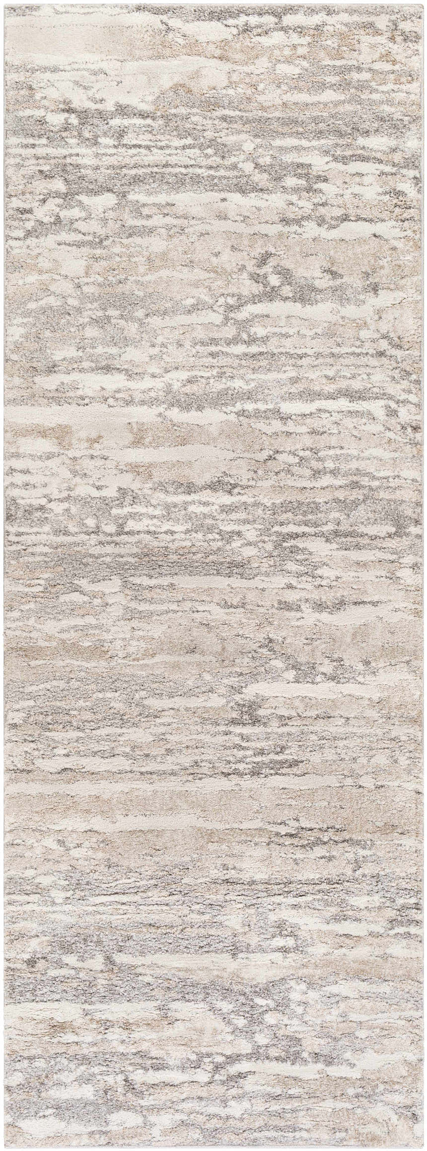 Close-up of the Ferrelview Area Rug. Contemporary style in gray, ivory, light gray, medium gray, and tan. Design-Runner-2710