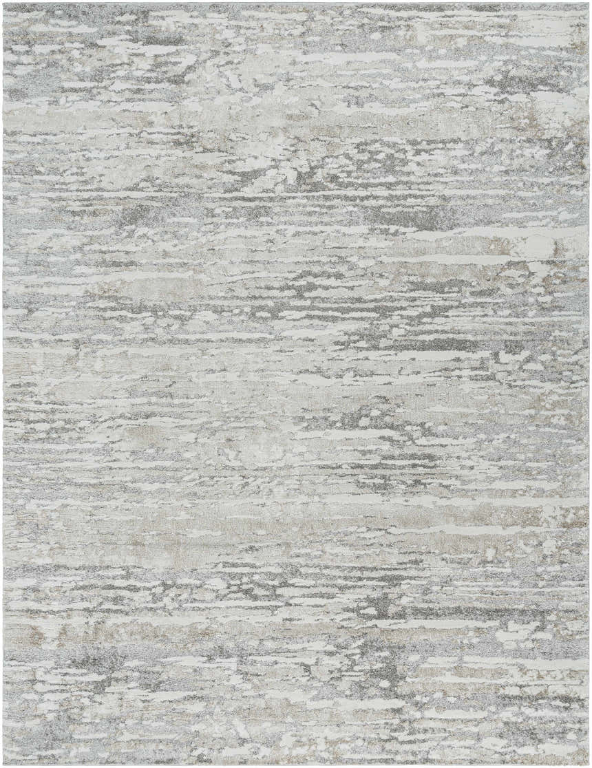 Close-up of the Ferrelview Area Rug. Contemporary design in gray, ivory, light gray, medium gray, and tan. Design-Rectangle-710103