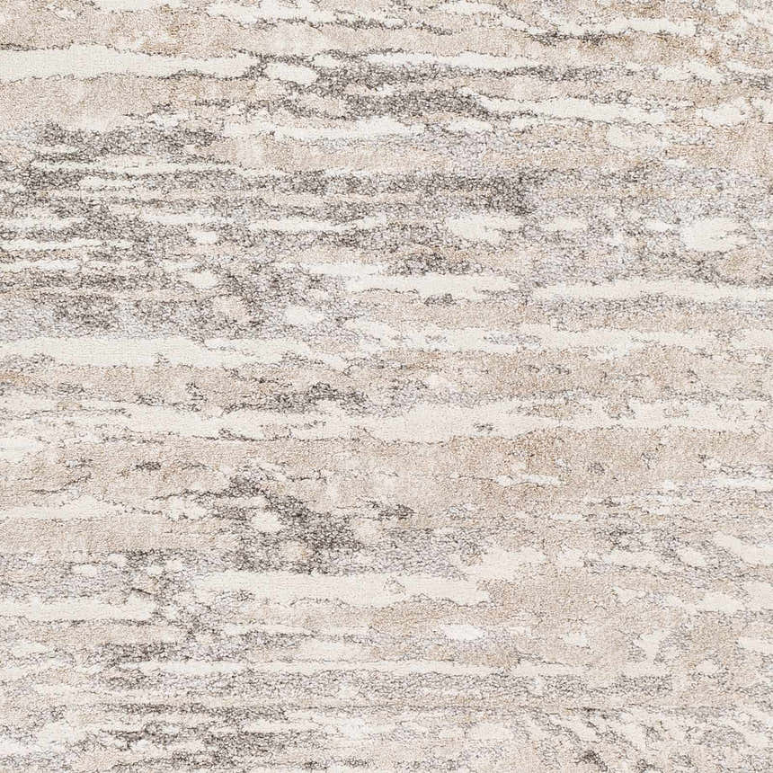 Close-up of the Ferrelview Area Rug, a contemporary design in gray, ivory, and tan hues. Swatch