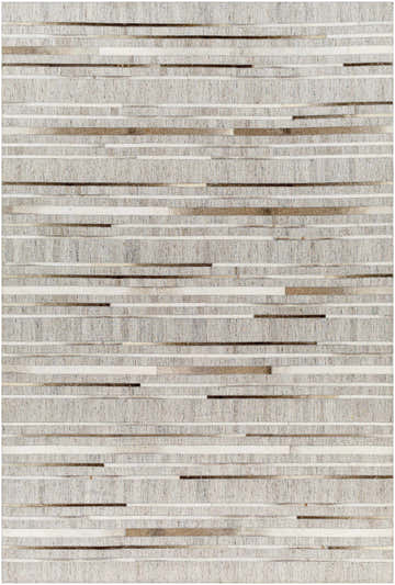 Close-up of the Fico Area Rug showing a contemporary geometric pattern in dark brown, ivory, tan, and taupe. Design-Rectangle-576