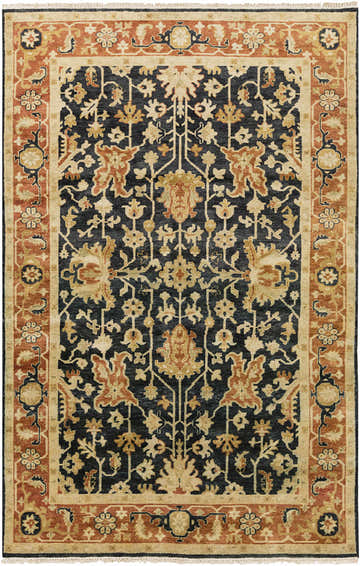 Close-up of the hand-knotted Fielding Area Carpet. Features black, brown, burnt orange, mustard, and tan floral patterns. Design-Rectangle-5686