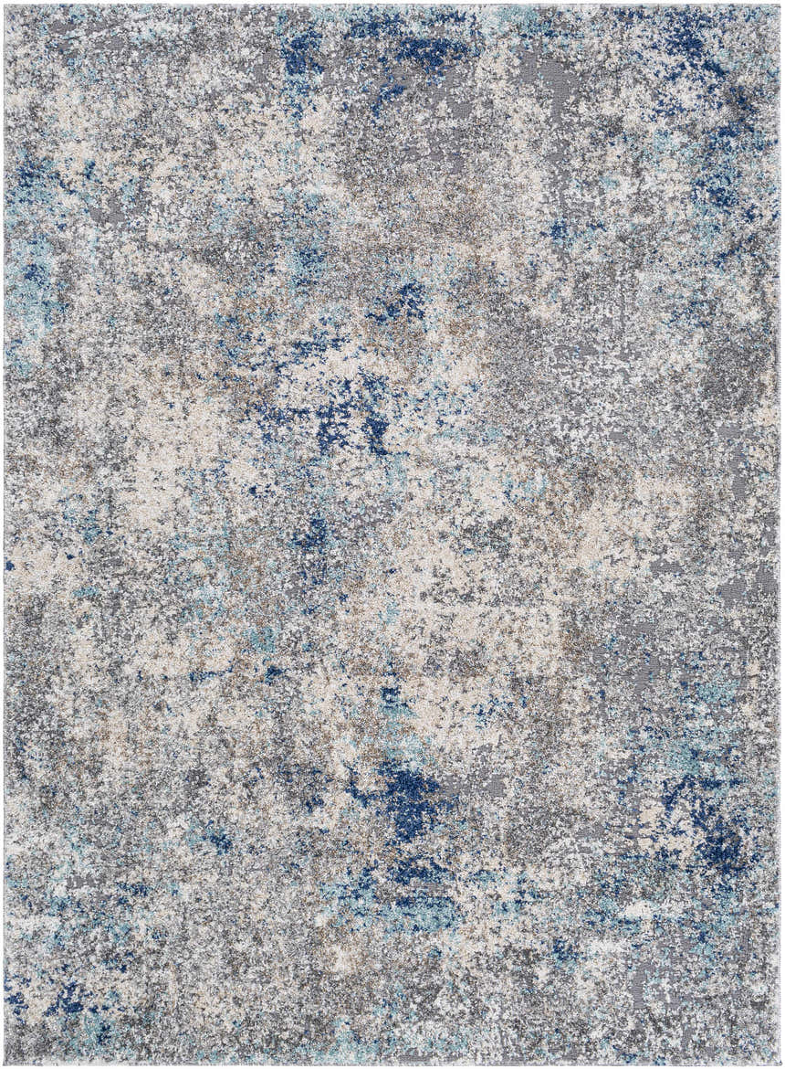 Close-up of the Findochty Blue&Gray Abstract Area Rug, showing its aqua, gray, and navy distressed pattern. Design-Rectangle-5373