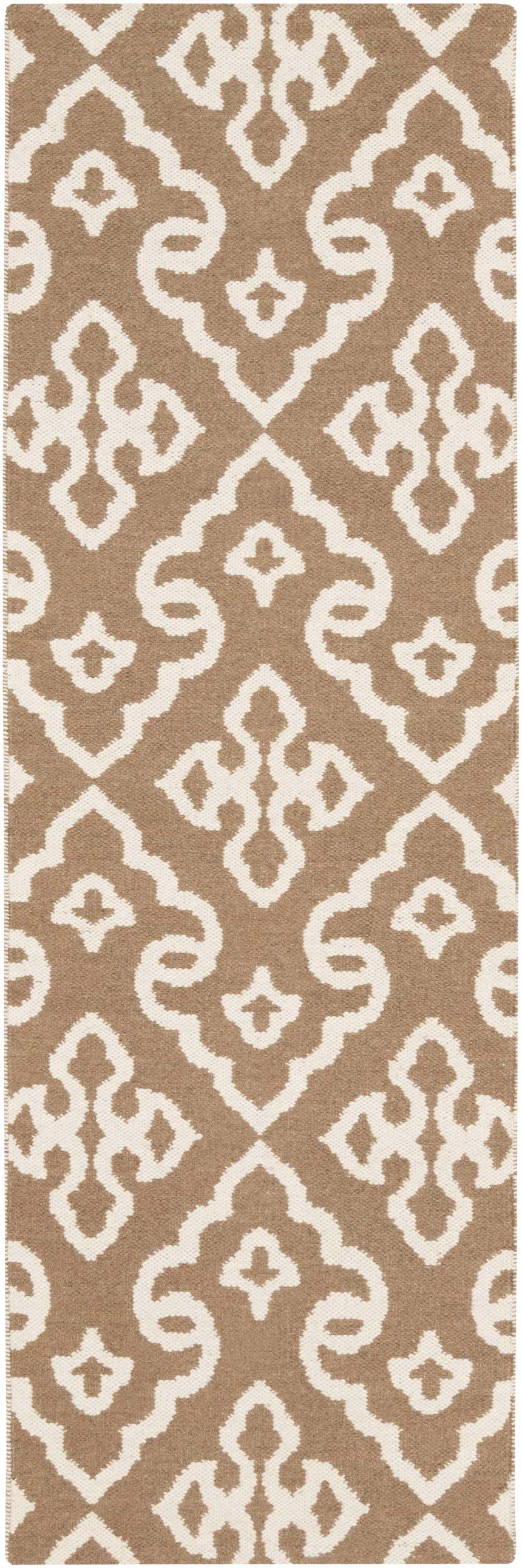Close-up of the Fitzpatrick Reversible Area Carpet. Cream and medium brown wool rug with a hand woven bohemian pattern. Design-Runner-268