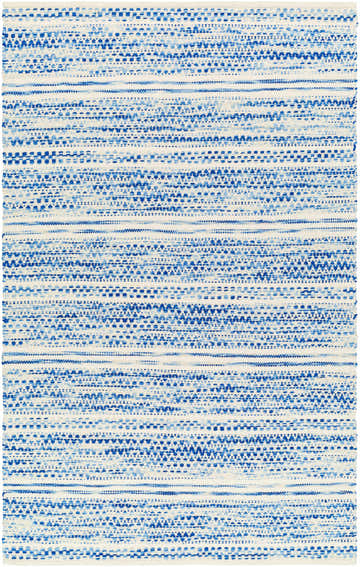 Close-up of the hand woven Flann Area Rug. Features a blue and white horizontal striped pattern. 100% wool texture. Design-Rectangle-576