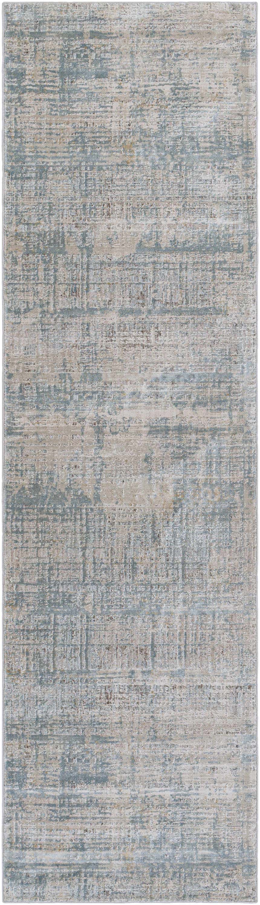 Close-up of the Fallin Gray Thick Luxe Abstract Striped Rug, featuring dusty sage, light gray, and pale blue hues. Design-Runner-2710