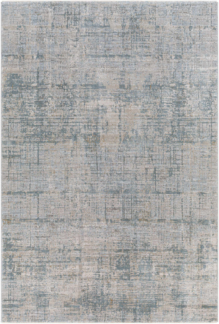 Close-up of the Fallin Gray Thick Luxe Abstract Striped Rug, featuring dusty sage, light gray, and pale blue tones. Design-Rectangle-575