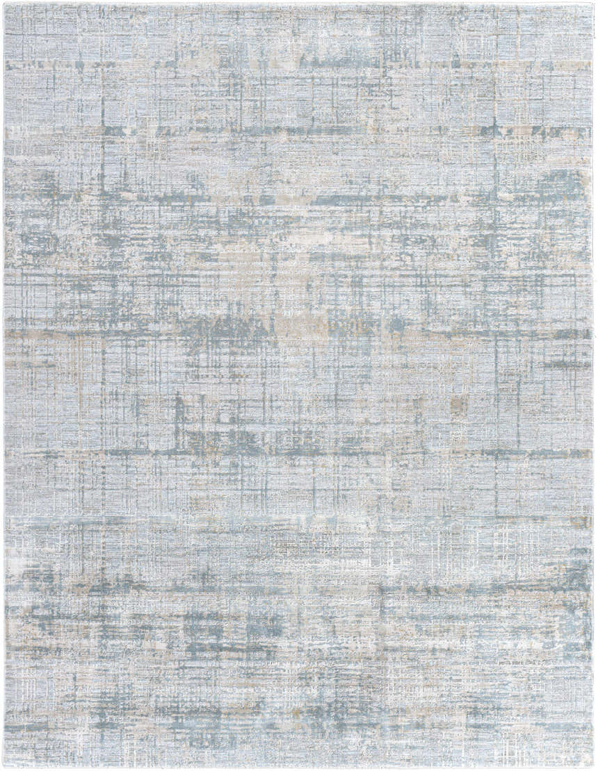 Close-up of the Fallin Gray Thick Luxe Abstract Striped Rug. Features dusty sage, light gray, and pale blue hues. Design-Rectangle-710103