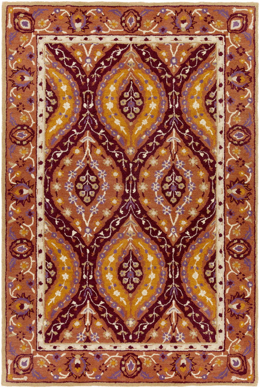 Close-up of Fine Area Rug - Clearance. Traditional wool rug with burgundy, camel, purple, rust, and tan floral and paisley pattern. Design-Rectangle-576