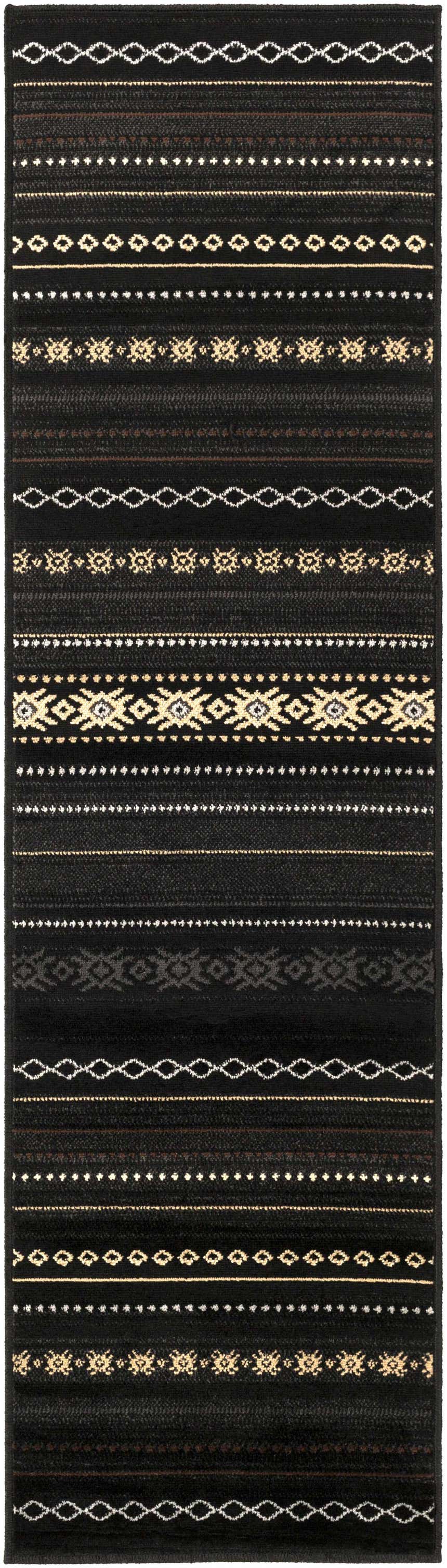 Close-up of Fogertown Black Western Rug. Features Southwestern-inspired geometric patterns in black, beige, and tan. Design-Runner