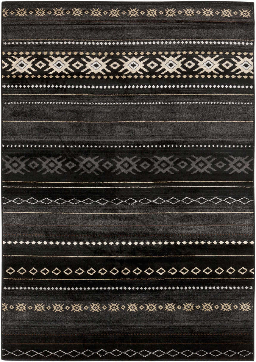 Close-up of Fogertown Black Western Rug, featuring a bohemian geometric pattern in black, charcoal, gray, beige, peach, and tan. Design-Rectangle-5376