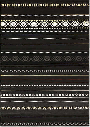 Close-up of the Fogertown Black Western Rug, featuring a geometric Southwestern pattern in black, beige, and gray. Design-Rectangle