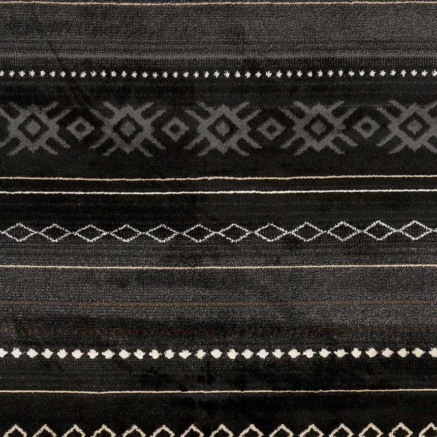 Close-up of Fogertown Black Western Rug. Southwestern pattern with charcoal, gray, and beige geometric designs on a black background. Swatch