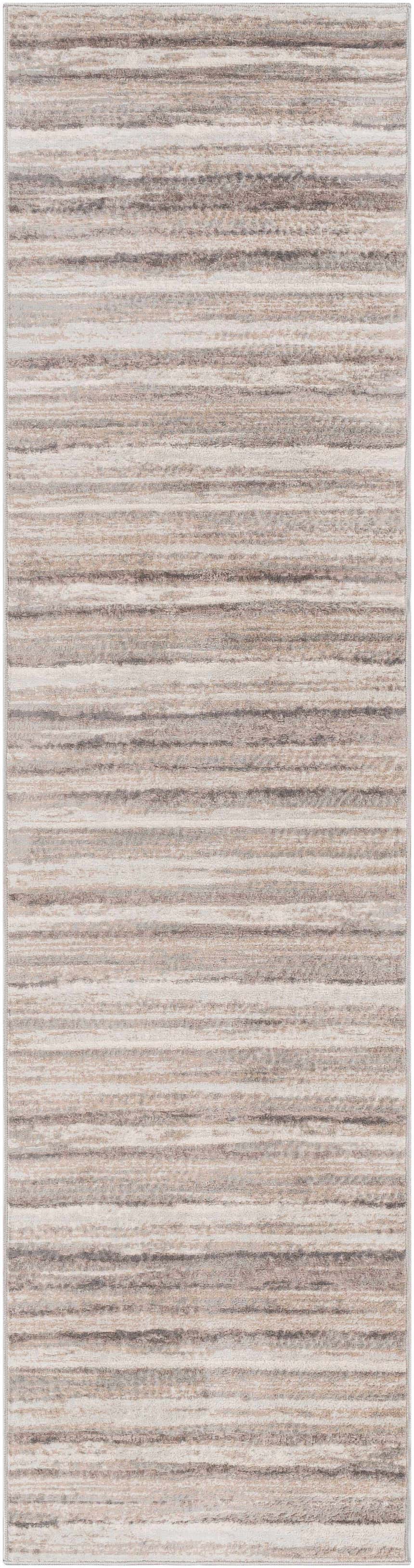 Close-up of Fombell Abstract Striped Area Rug. Contemporary design in charcoal, gray, tan, and white. Machine woven texture. Design-Runner-2710