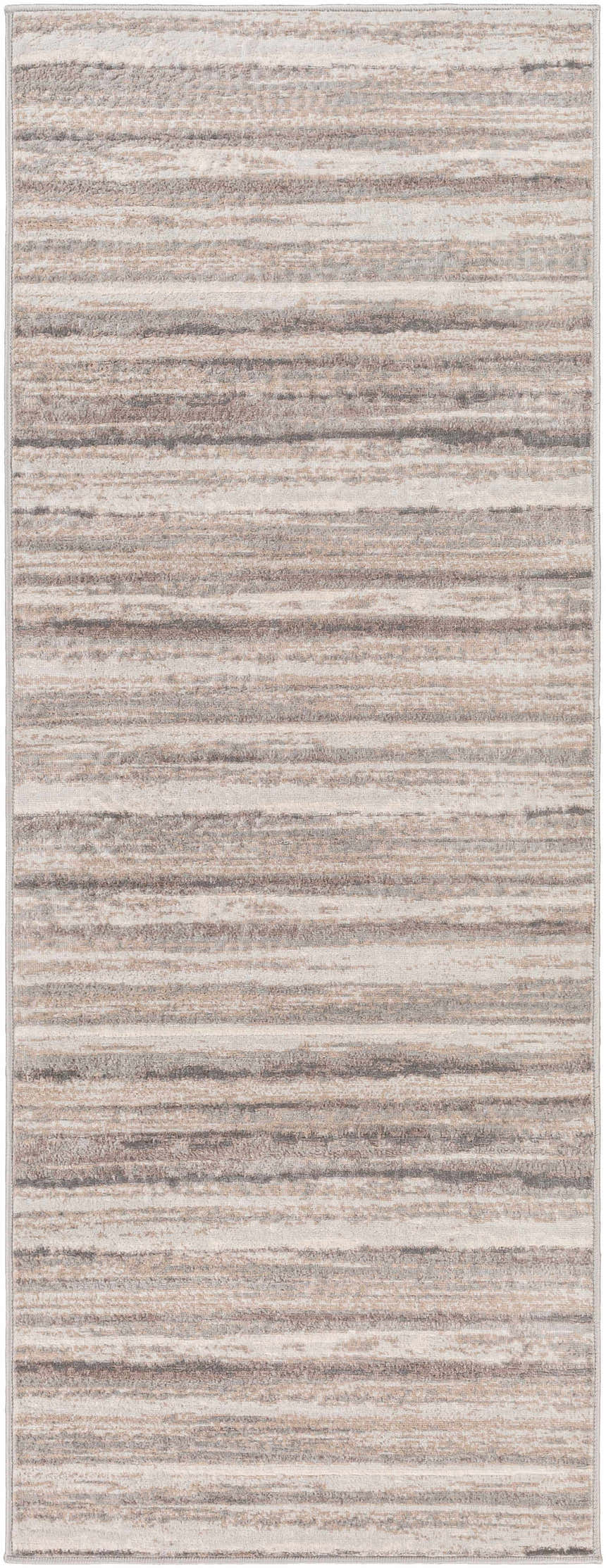 Close-up of Fombell Abstract Striped Area Rug. Charcoal, gray, tan, and white stripes create a contemporary design. Design-Runner-2773