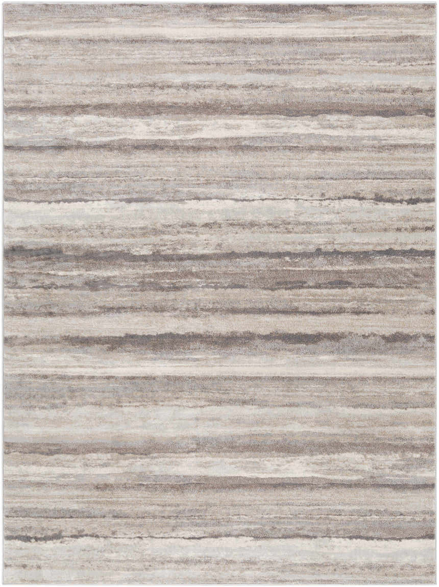 Close-up of the Fombell Abstract Striped Area Rug. Charcoal, gray, tan, and white horizontal stripes create a contemporary design. Design-Rectangle-537