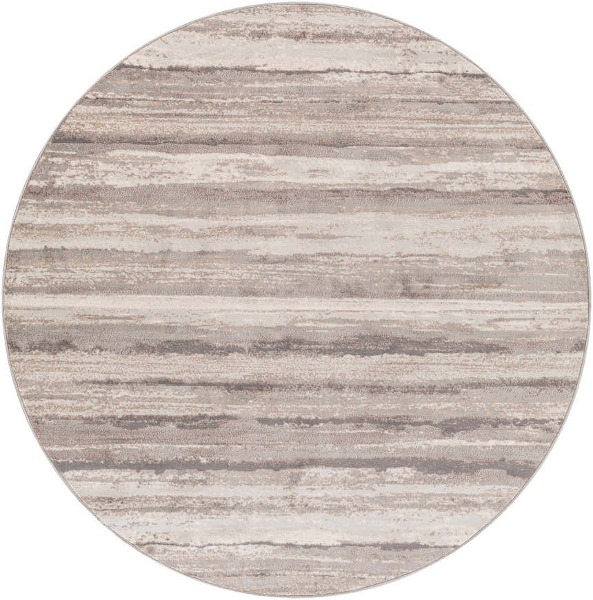 Round Fombell Abstract Striped Area Rug featuring charcoal, gray, tan, and white hues. Contemporary style. Design-Round-67
