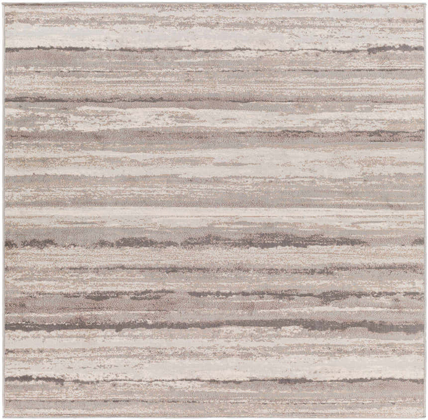 Close-up of Fombell Abstract Striped Area Rug. Charcoal, gray, tan, and white stripes create a contemporary pattern. Design-Square-7