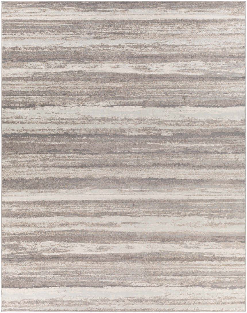 Close-up of Fombell Abstract Striped Area Rug. Charcoal, gray, tan, and white stripes create a contemporary design. Design-Rectangle-71010