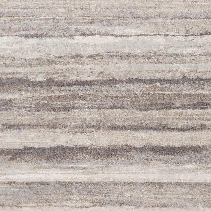 Close-up of the Fombell Abstract Striped Area Rug. Features charcoal, gray, tan, and white horizontal stripes. Texture